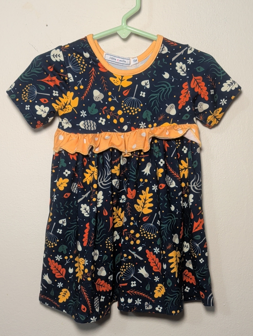 Little Mille Floral Dress with Polka Dot Ruffle Navy Orange Yellow Girl Size 12M